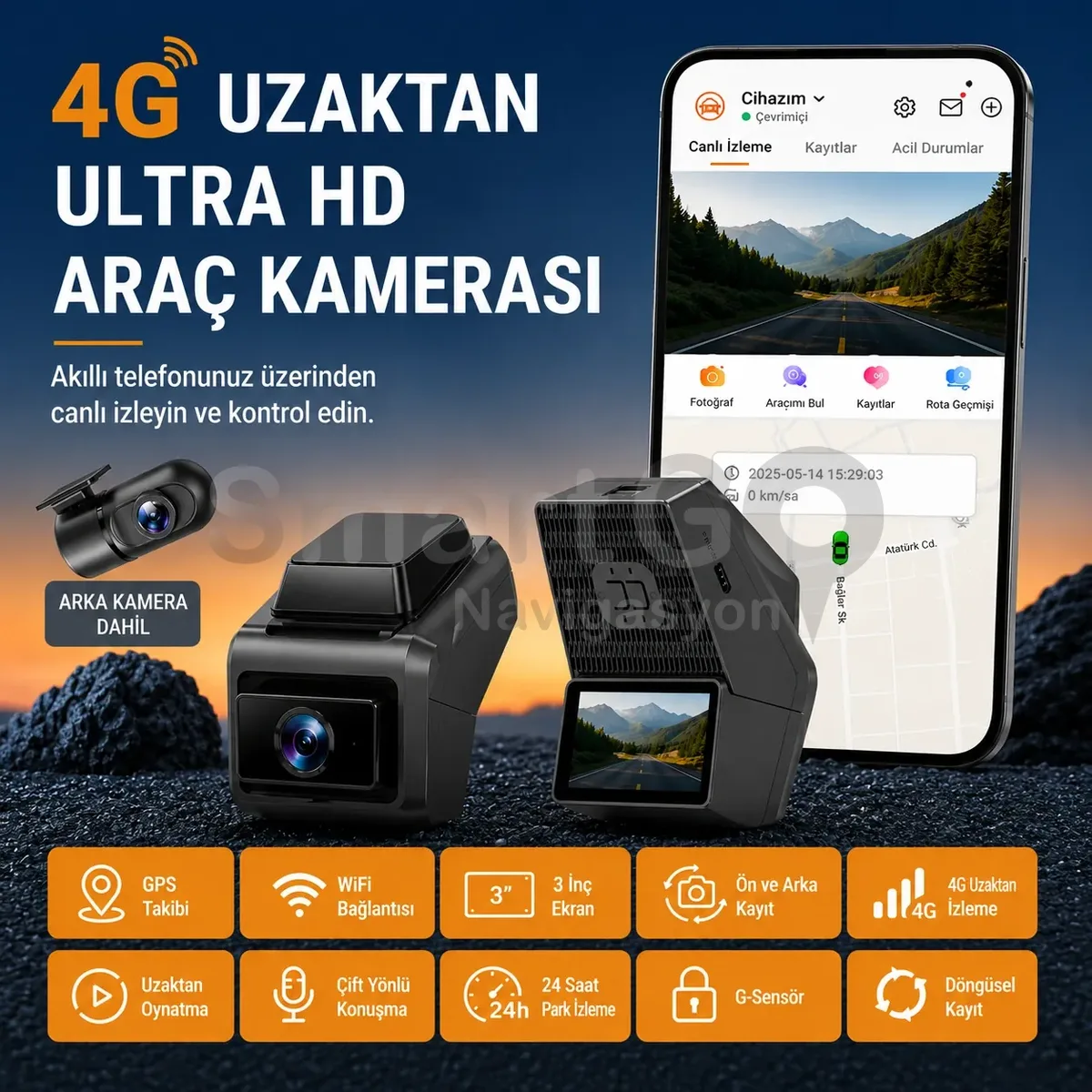 P87 Çift Kameralı 2K+720P 4G Akıllı Araç İçi Kamera