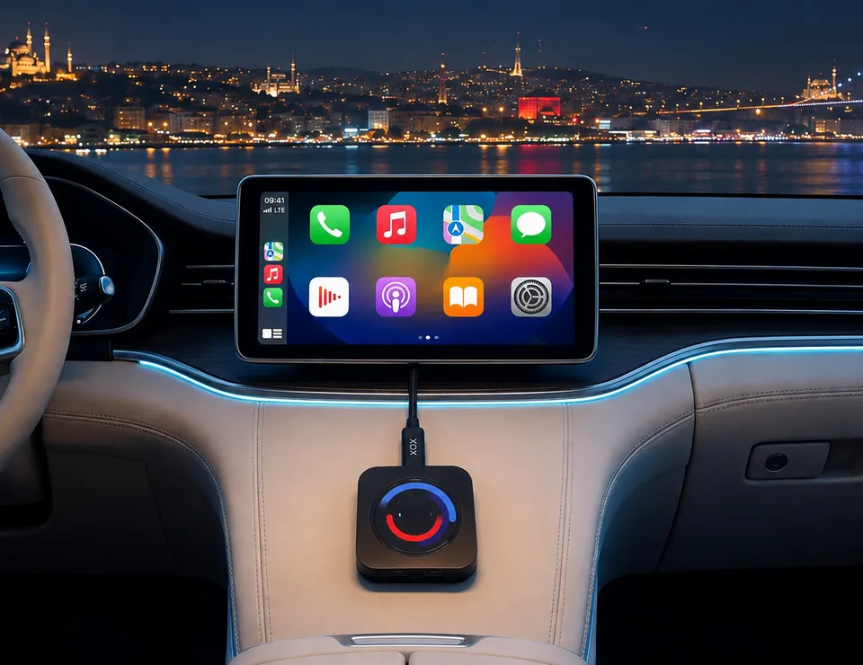 Aracın orijinal ekranında Apple CarPlay arayüzü ve ekrana bağlı SmartBox modülü